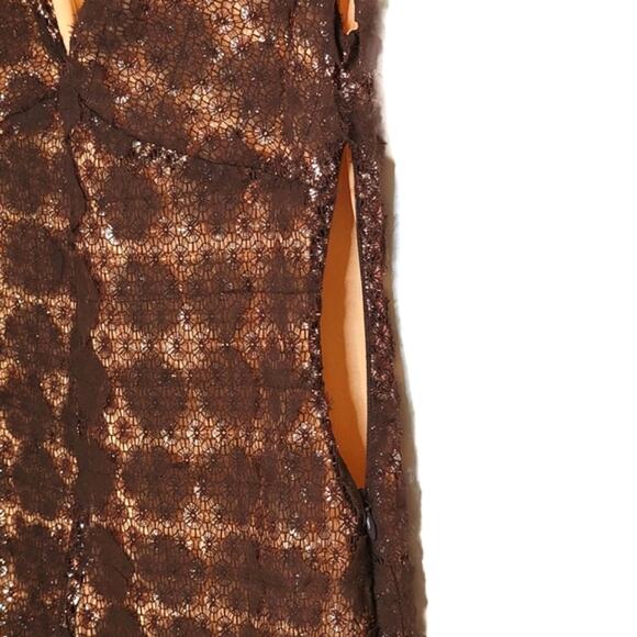 Eva Franco V Neck Sleeveless Lace Overlay Brown A Line Midi Dress Size 6 - Picture 8 of 16
